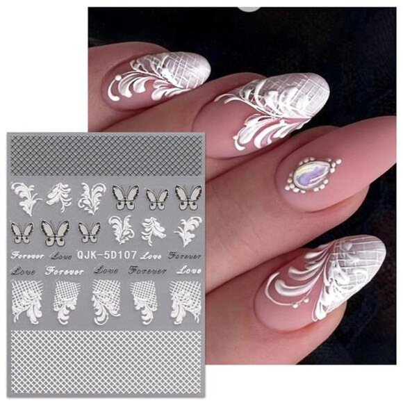 3D Embossed Flower Black White Nail Art Stickers 4 Sheets - Picture 4 of 8